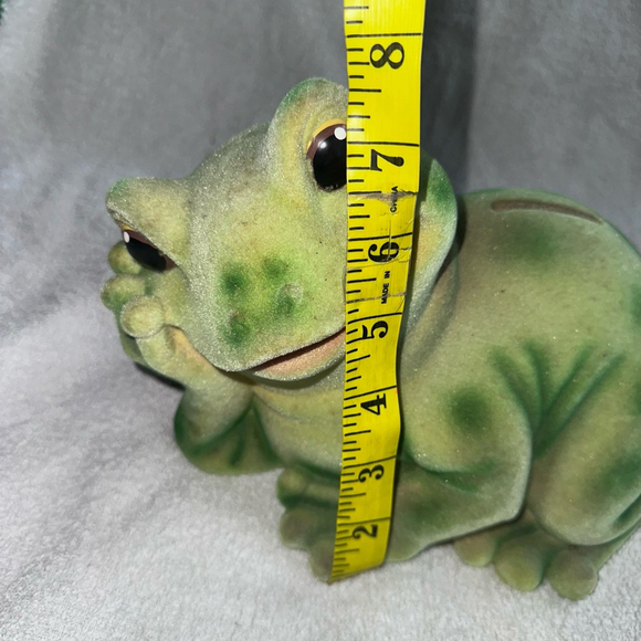 RARE Vintage 1970s Smiling Frog Toad Piggy Bank 9" Green Flocked Ceramic - Picture 9 of 9